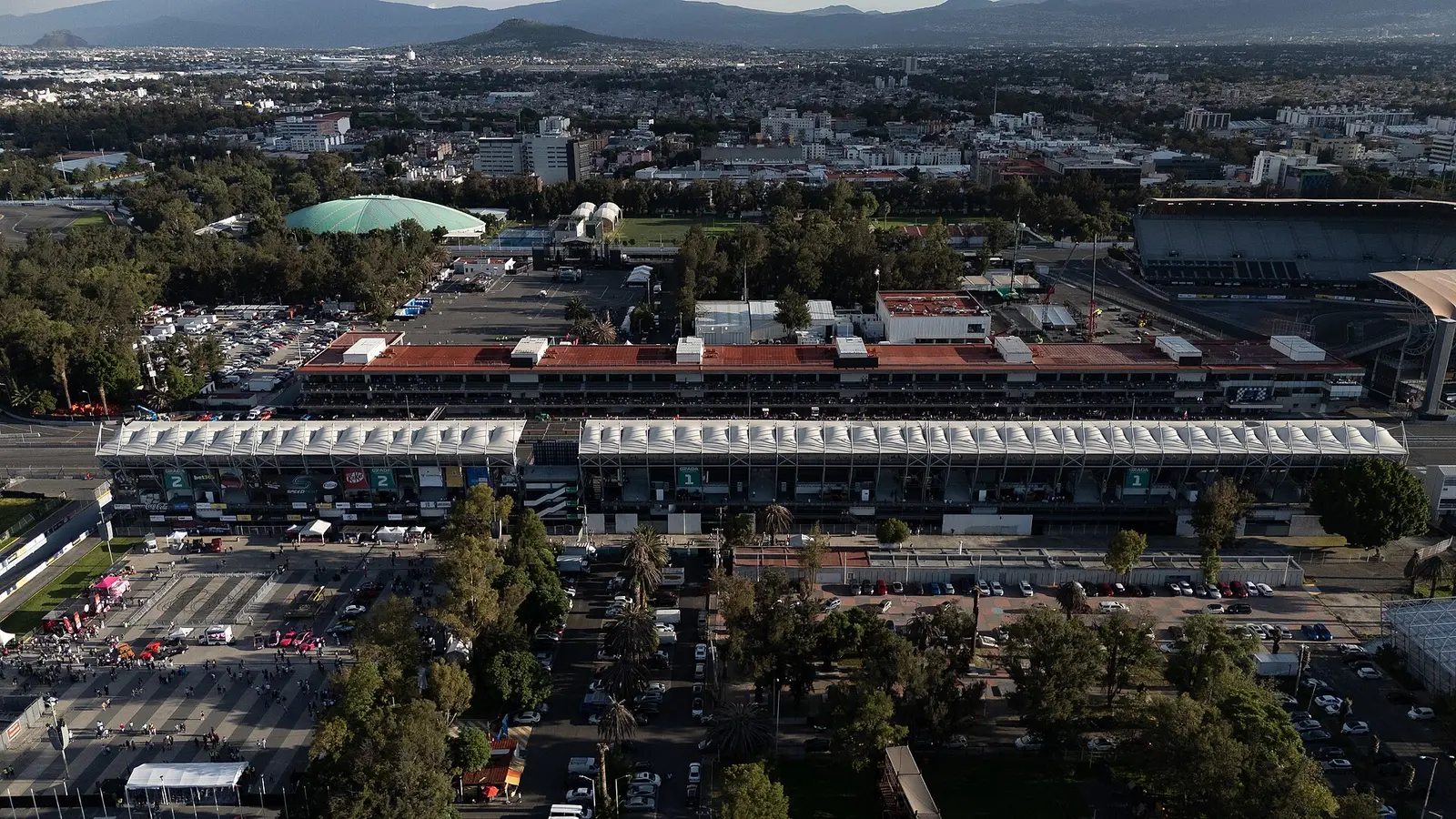 Aerial view of the main grandstand and pit buildings of the Autodromo Hermanos Rodriguez in Mexico City