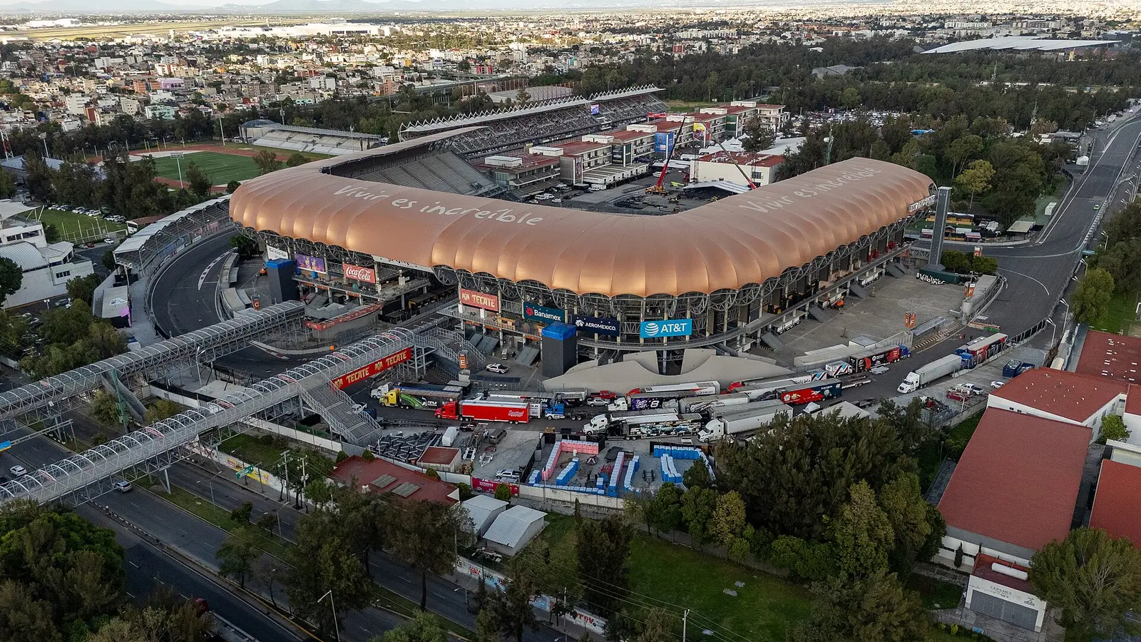 Aerial view of the Autodromo Hermanos Rodriguez track and the curved Foro Sol grandstand in Mexico City